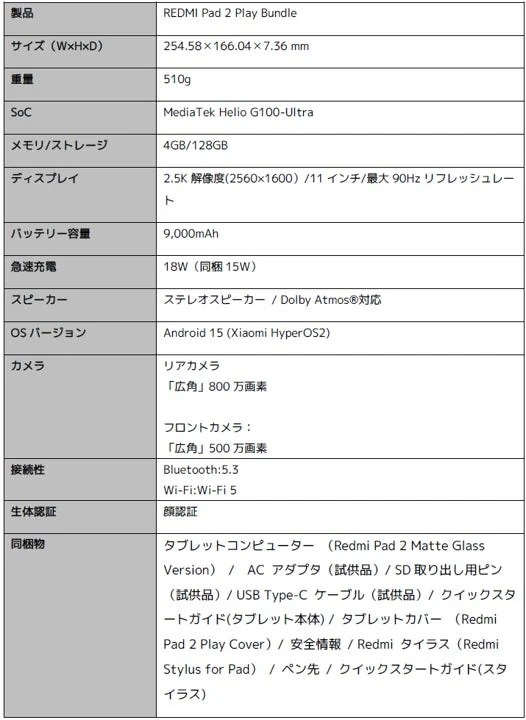 REDMI Pad 2 Play Bundleの主要な製品仕様一覧表