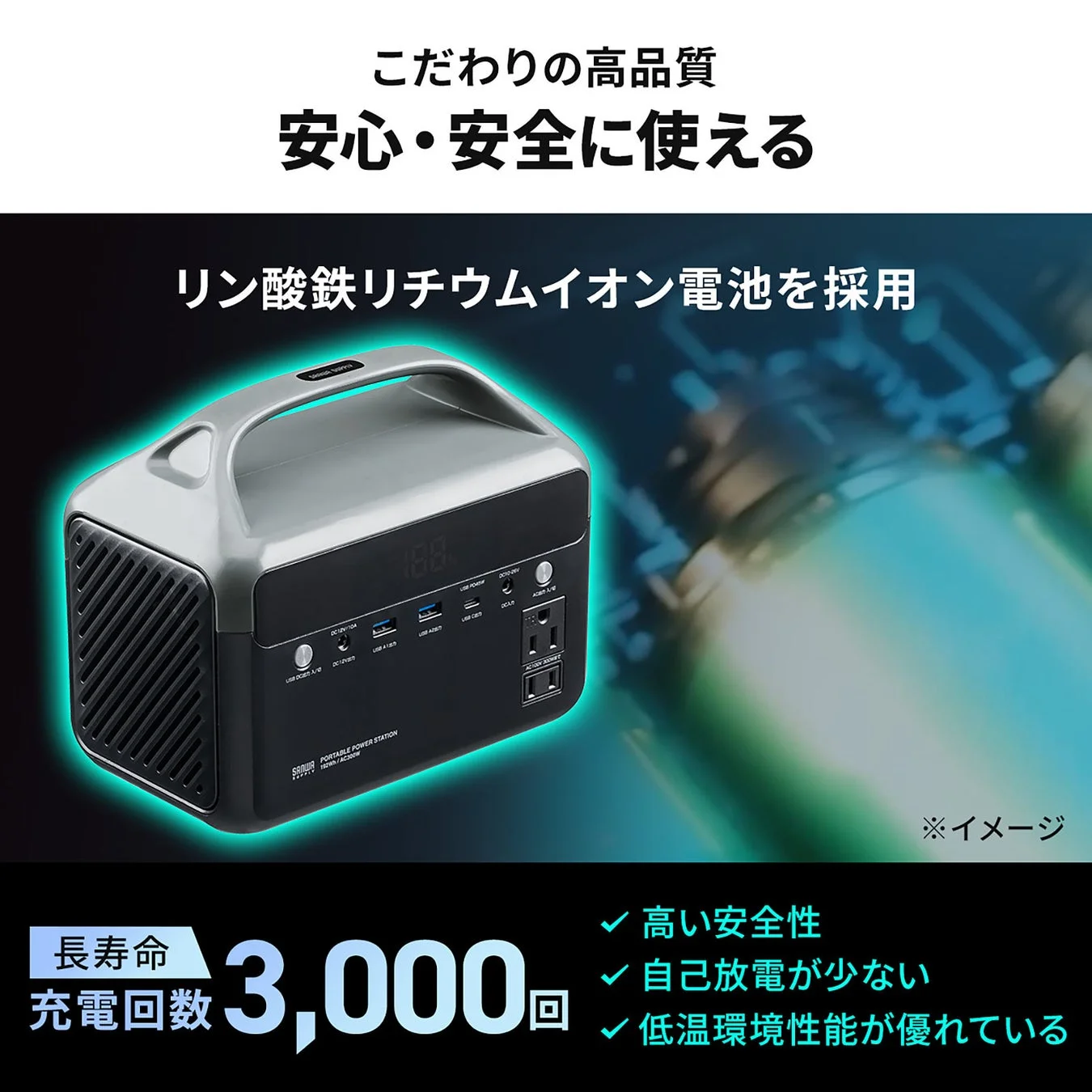 長寿命なリン酸鉄リチウムイオン電池を採用し、充電回数3000回に対応