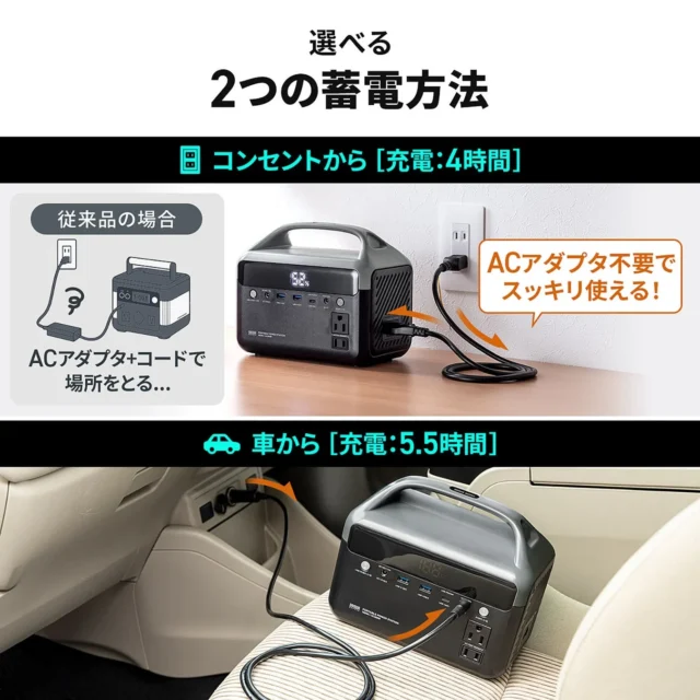 コンセントから4時間、車から5.5時間で充電できる2つの蓄電方法