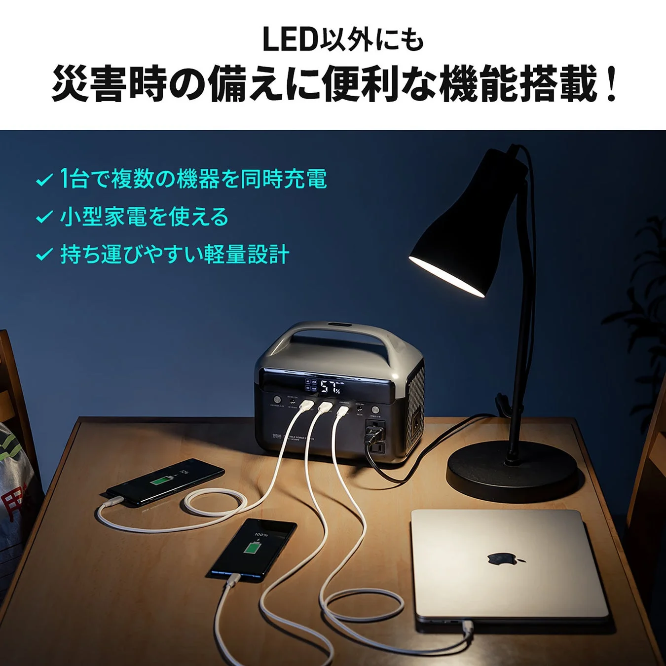 災害時に便利な機能として、複数機器の同時充電や小型家電使用の様子