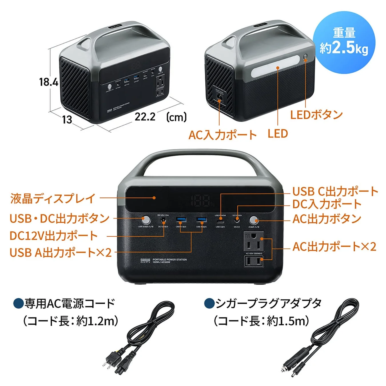 ポータブル電源の各部名称、寸法、付属品（電源コード、シガープラグアダプタ）