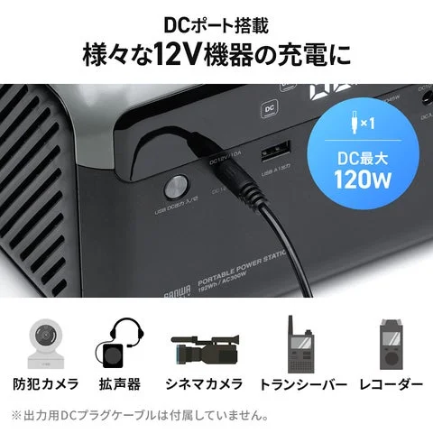 DCポートで防犯カメラや拡声器など様々な12V機器を充電する様子