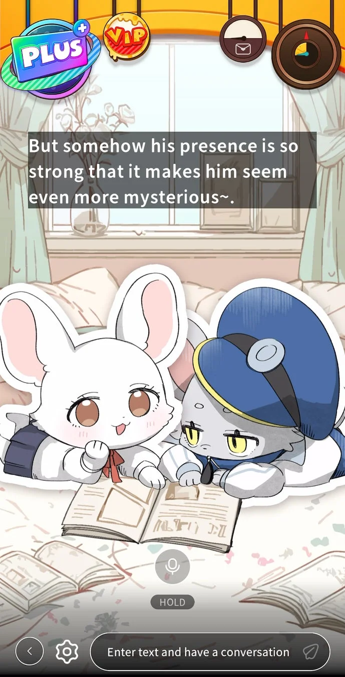 英語音声でAIキャラクターが会話する『HAPPY RAT』の画面。