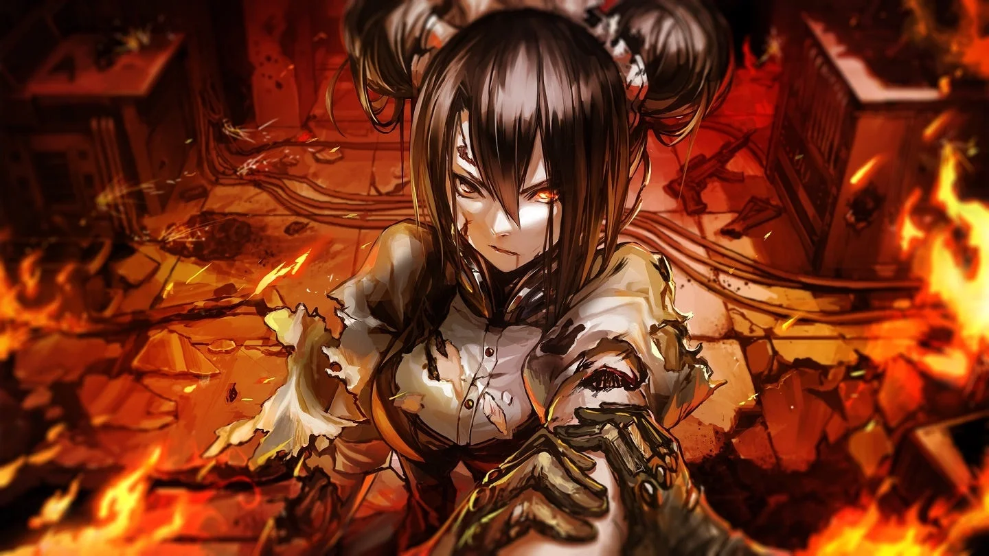 炎の中で戦う戦術人形のイラスト