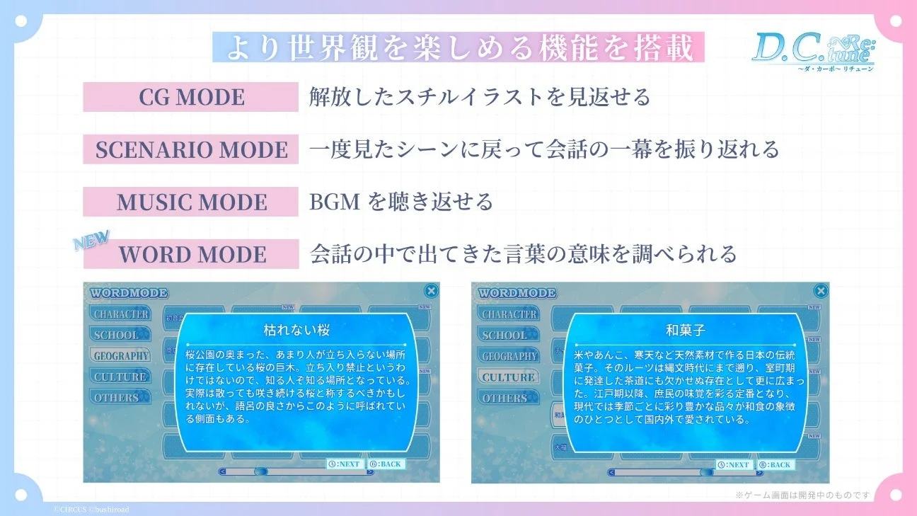 『D.C. Re:tune』の新機能「WORD MODE」を含む各種モード説明