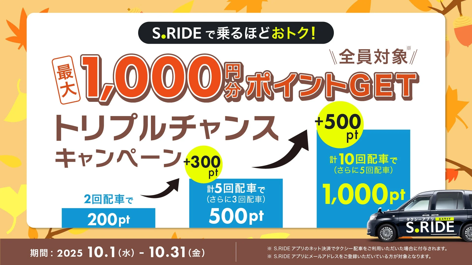 最大1,000円分ポイントGET！　タクシーアプリ『S.RIDE』トリプルチャンスキャンペーン開催　10月1日より