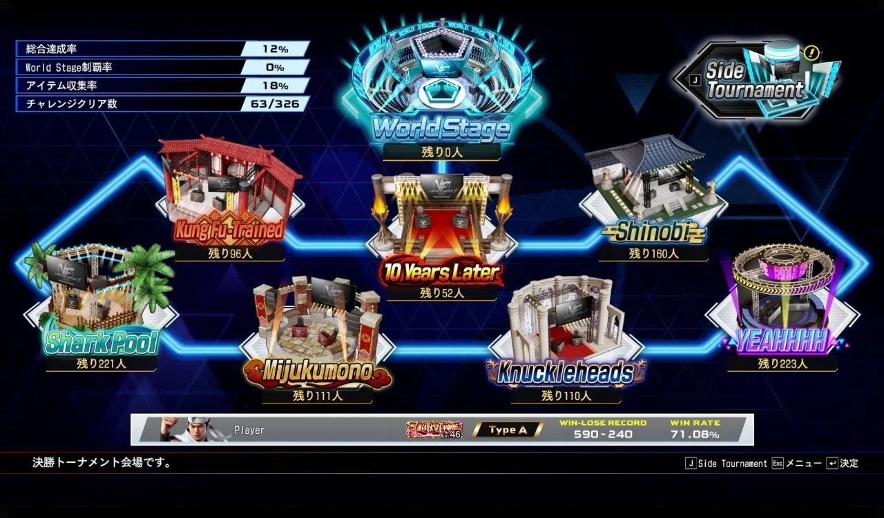 「World Stage」モードのゲーム画面。様々なトーナメント会場が表示されている