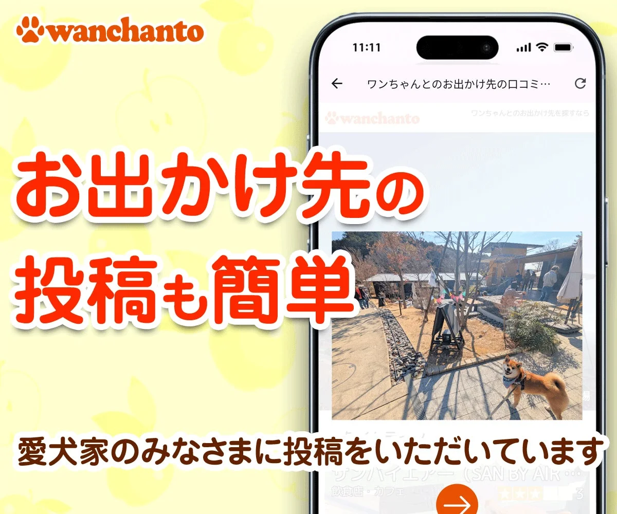 「ワンちゃんと」アプリでお出かけ先の投稿が簡単にできることを示す画面