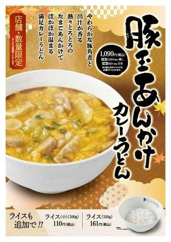 ココイチ「豚玉あんかけカレーうどん」のポスター。価格や追い飯の案内入り