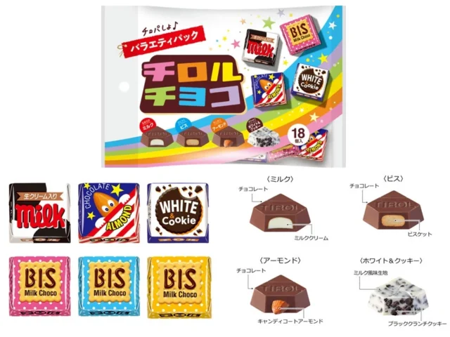 リニューアルされたチロルチョコ〈バラエティパック〉のパッケージと各フレーバーの詳細。