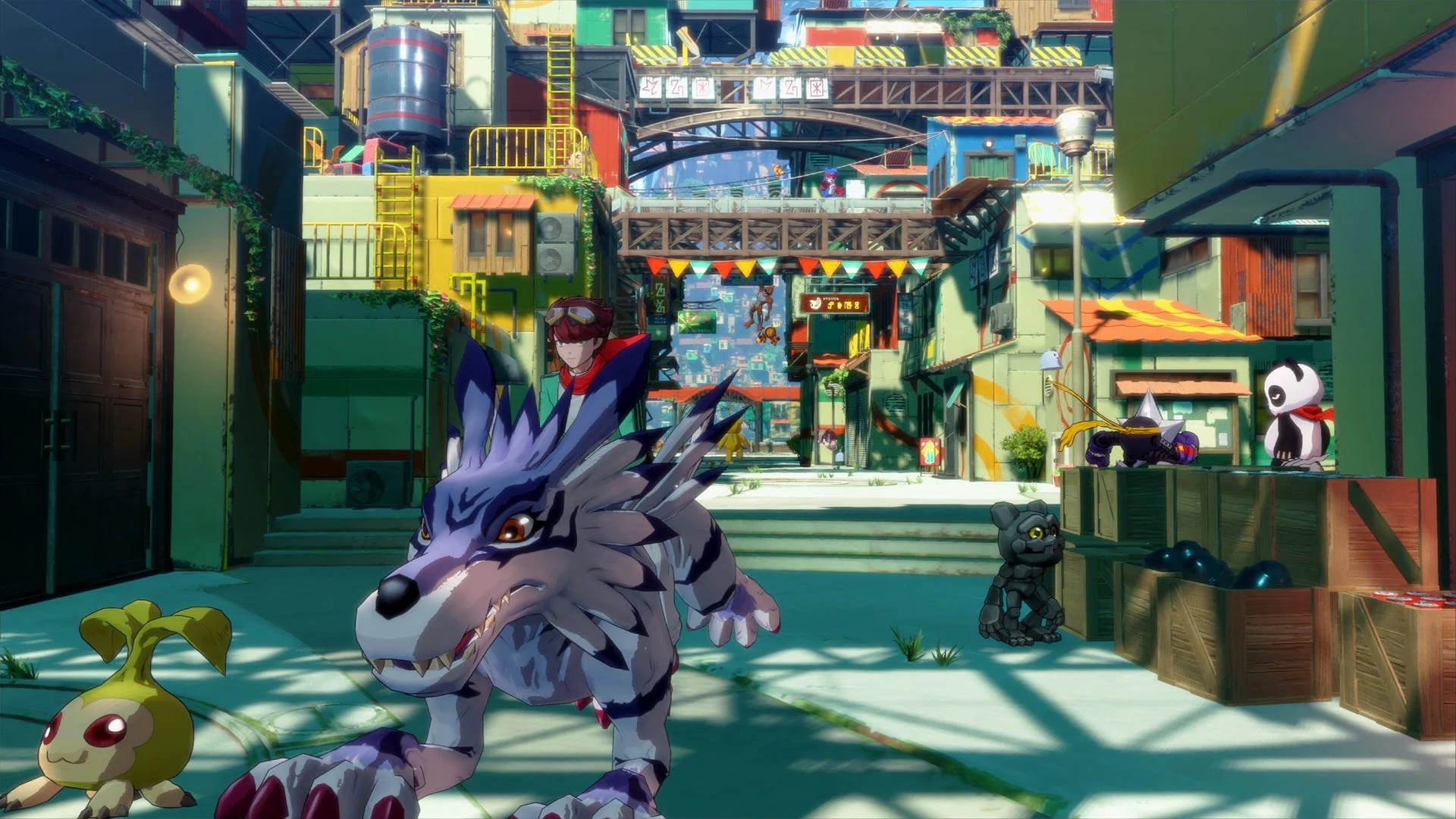 『デジモンストーリー タイムストレンジャー』の人間とデジモンが街を探索するゲーム画面