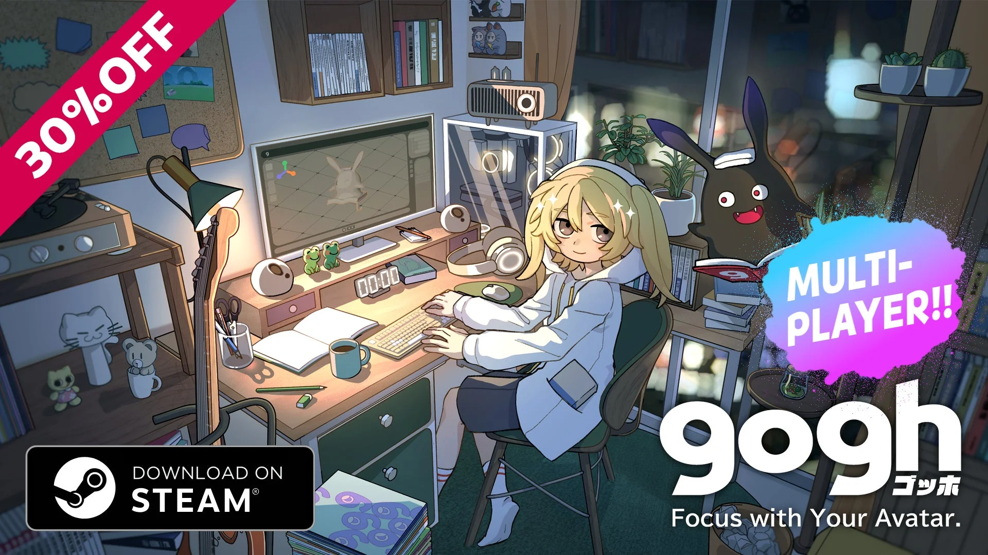Steam版goghマルチプレイヤー機能リリースと30%オフセールの告知ビジュアル