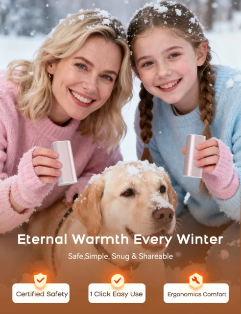 雪の中でRORRY充電式カイロを使用する親子と犬、製品の安全性と使いやすさ