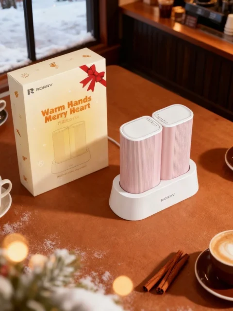 RORRY充電式カイロのピンク色がカフェテーブルに置かれたギフトボックスと並ぶ様子