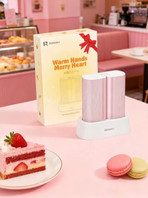 RORRY充電式カイロのピンク色がケーキやマカロンと共にカフェテーブルに置かれたギフトボックス
