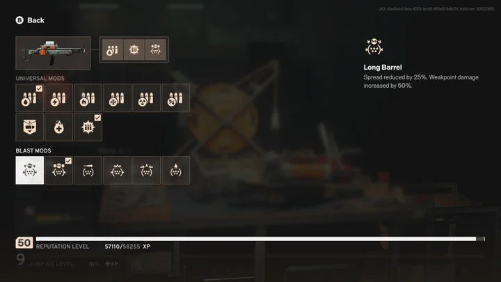 『FBC: Firebreak Breakpoint』の武器MODシステムUI（Long Barrel）