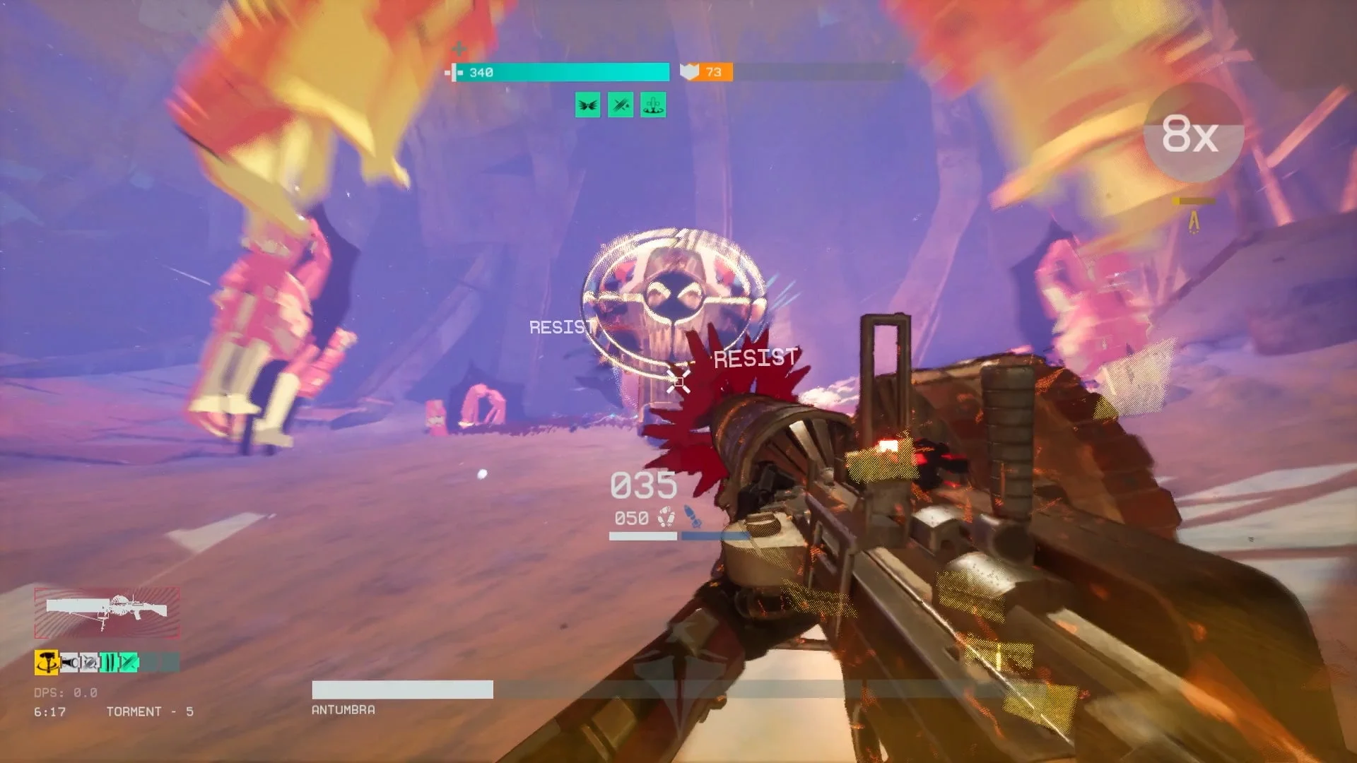 『UNYIELDER』の戦闘中のFPS視点画面、敵を攻撃している様子
