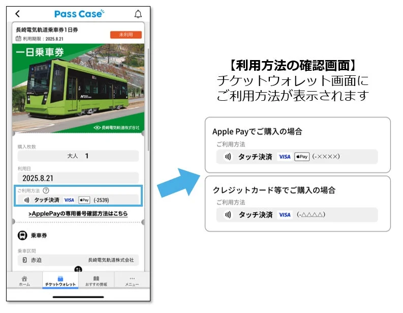 Pass CaseアプリのチケットウォレットとApple Pay・クレジットカードでの利用方法確認画面