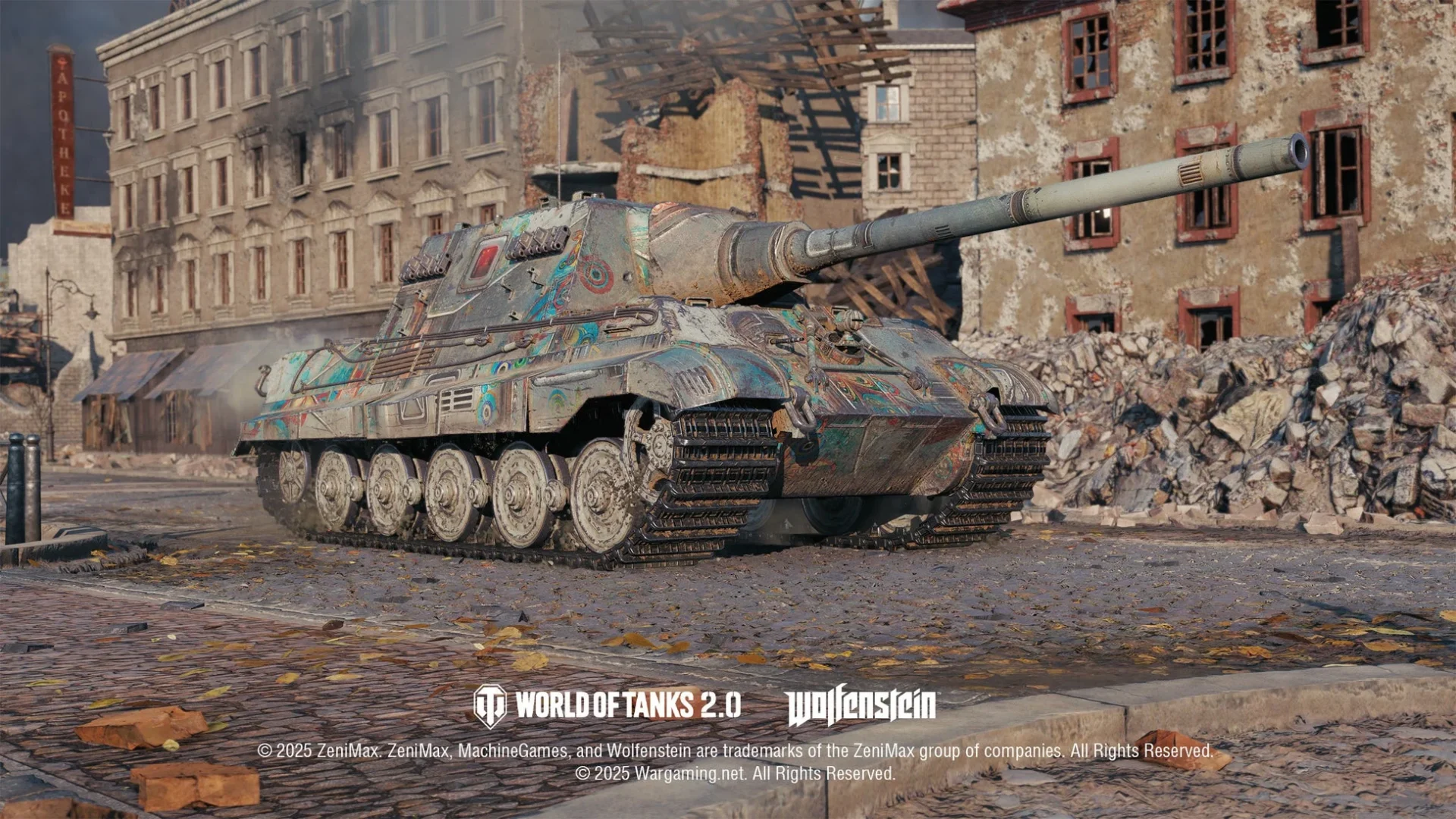 「World of Tanks」における「Wolfenstein」テーマの限定2Dスタイルが施された別の戦車