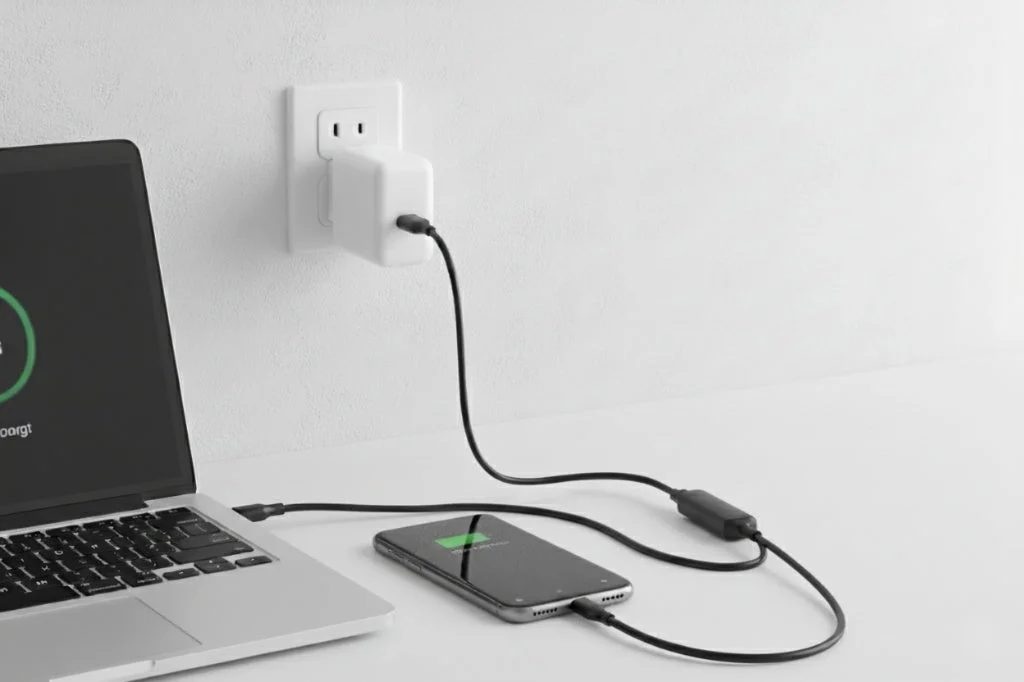 HIDISC 2-in-1 CtoCケーブルでノートPCとスマホを同時充電している様子