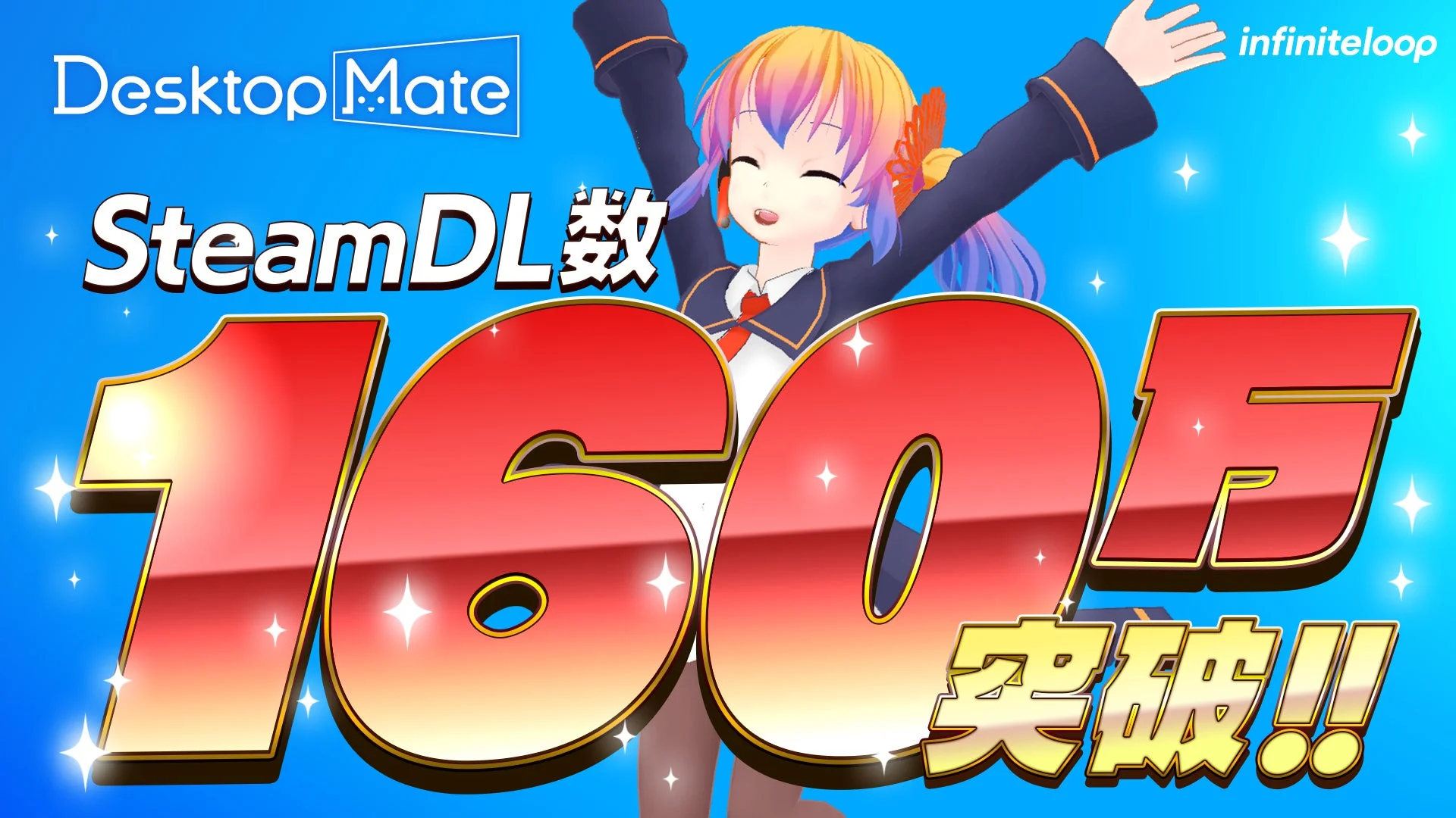 Desktop Mate Steamダウンロード数160万突破を示すビジュアル