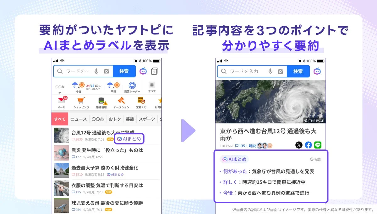 Yahoo! JAPANアプリのヤフトピ記事に表示されるAIまとめラベルと要約画面