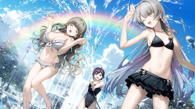 『KANADE』ゲーム内イラスト：水着姿のキャラクター3人が水遊びをする様子