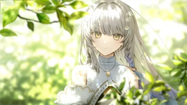『KANADE』ゲーム内イラスト：緑の葉に囲まれた白い衣装のキャラクターの顔アップ