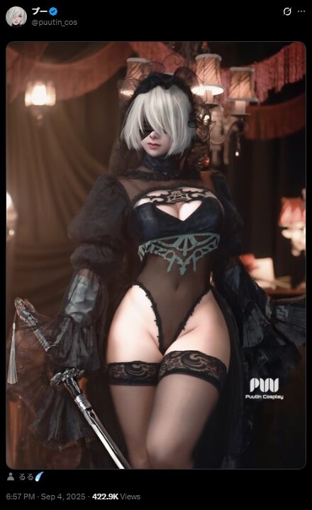 圧倒的な美しさ！　プー、『NieR:Automata』2B黒の衣装で絵画のような完璧コスプレを披露