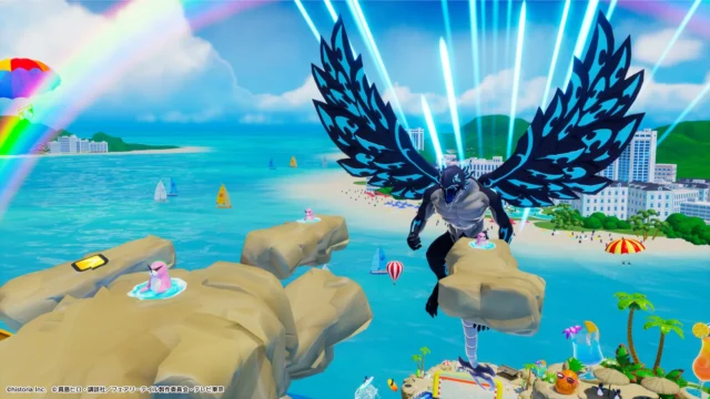 広大な海と島々が広がるコースに巨大なアクノロギアが降り立つゲーム画面