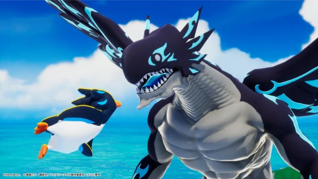 巨大なアクノロギアと小さなペンギンが対峙するゲーム中のクローズアップ画面