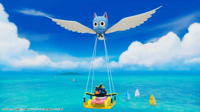 ハッピーがパラグライダーとなってペンギンを運ぶゲーム中の飛行シーン