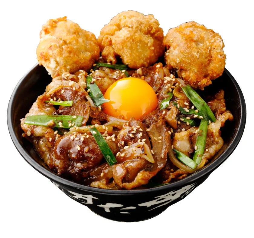 唐揚げが3つ乗った伝説のすた丼屋『肉W盛り!究極の焼肉丼 唐揚げ合盛り』