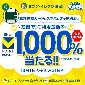 三井住友カードのスマホのタッチ決済で最大1,000%還元されるキャンペーン詳細