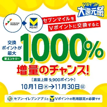 セブンマイルからVポイントへの交換で最大1,000%増量されるキャンペーン詳細
