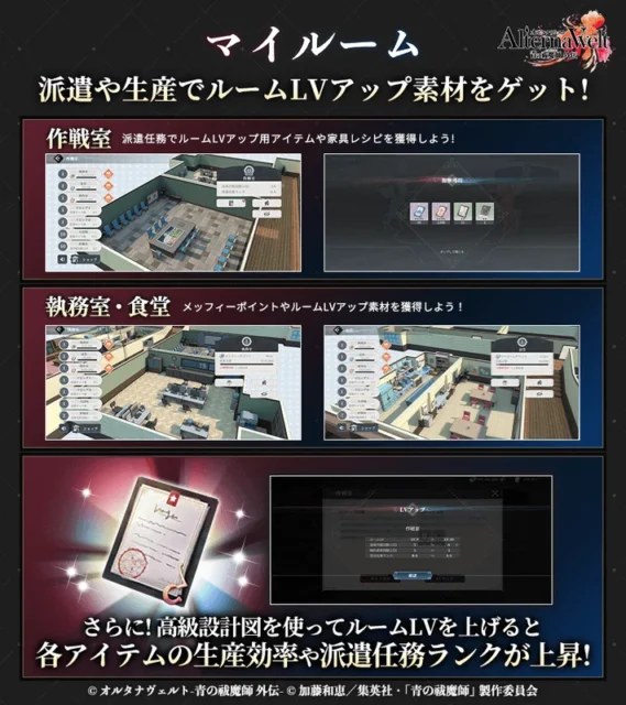 マイルームのルームLVアップ素材獲得方法と施設画面