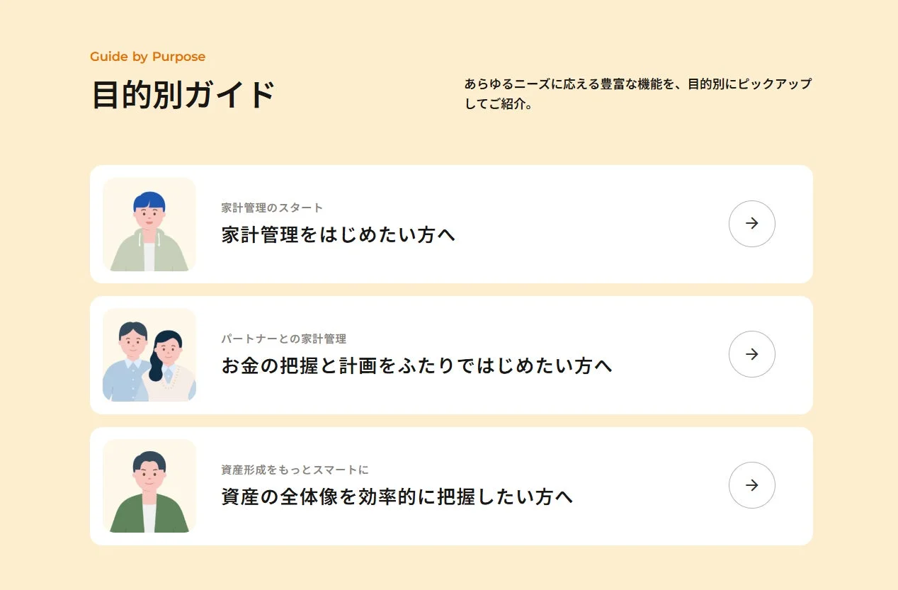 マネーフォワードMEの目的別ガイド画面