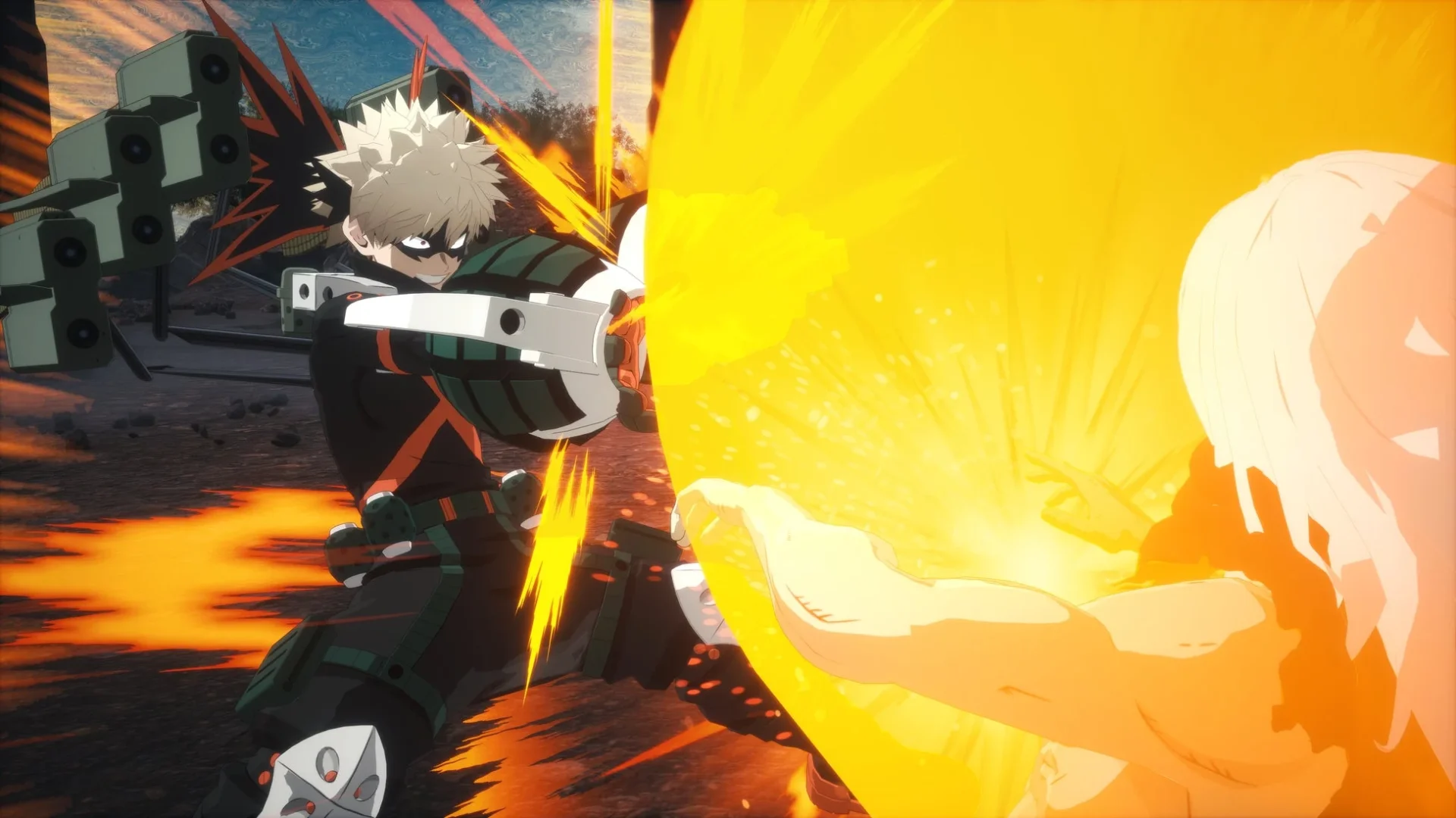 「僕のヒーローアカデミア All's Justice」ゲーム画面、爆豪勝己が爆発で敵を圧倒する様子。