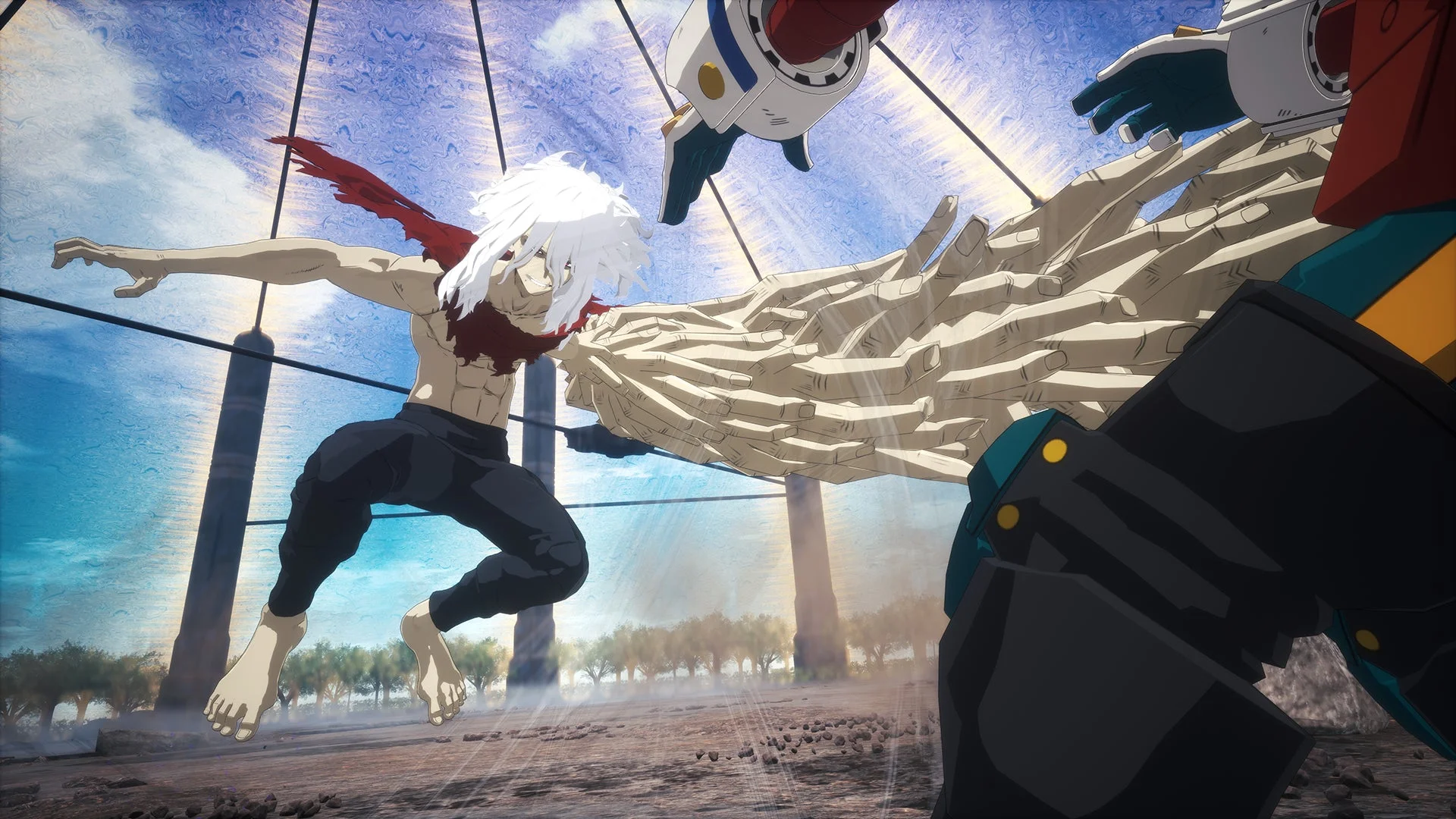 「僕のヒーローアカデミア All's Justice」ゲーム画面、死柄木弔が空中から攻撃を仕掛ける様子。