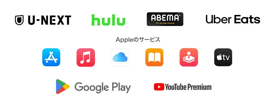 JCBキャンペーン対象となるサブスク・デリバリー・アプリのロゴ一覧。