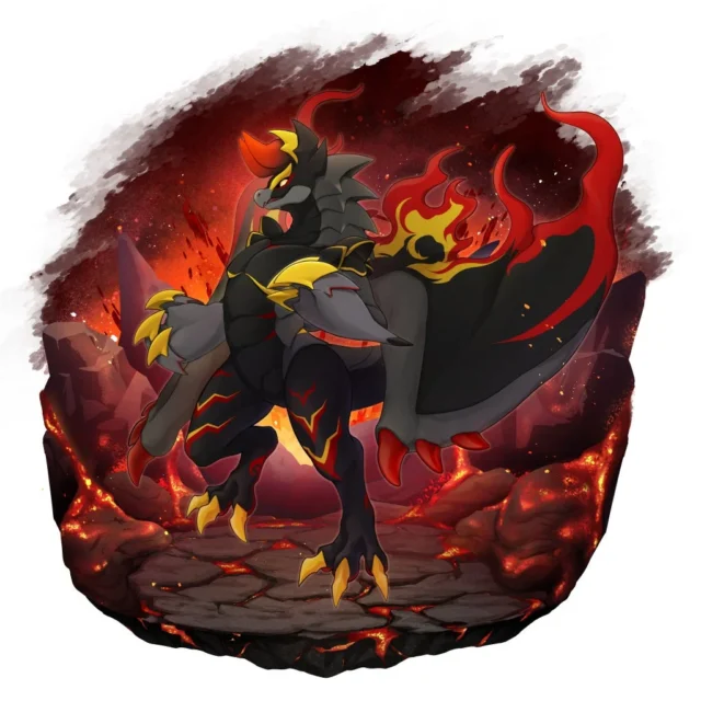 黒曜石のような外殻を持つドラゴン「イグニラス」のキャラクターイラスト。