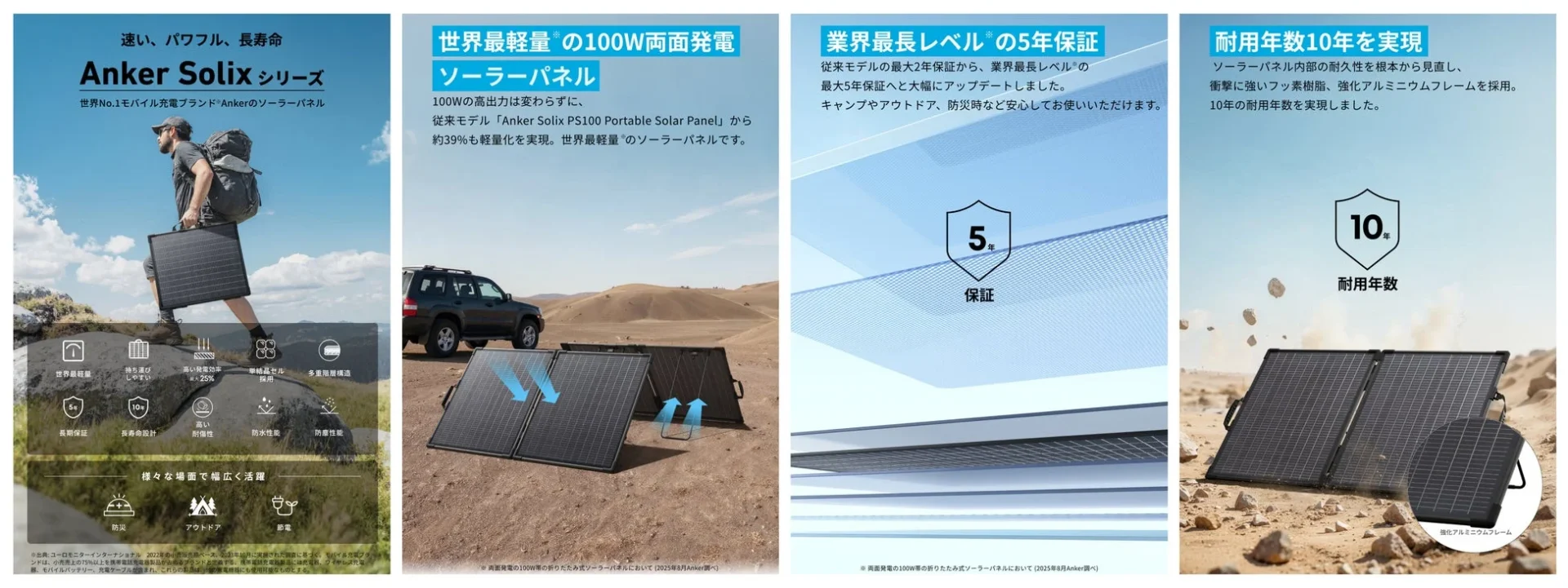 Anker Solix PS100 Dual Portable Solar Panelの軽量性、発電効率、保証、耐久性の説明