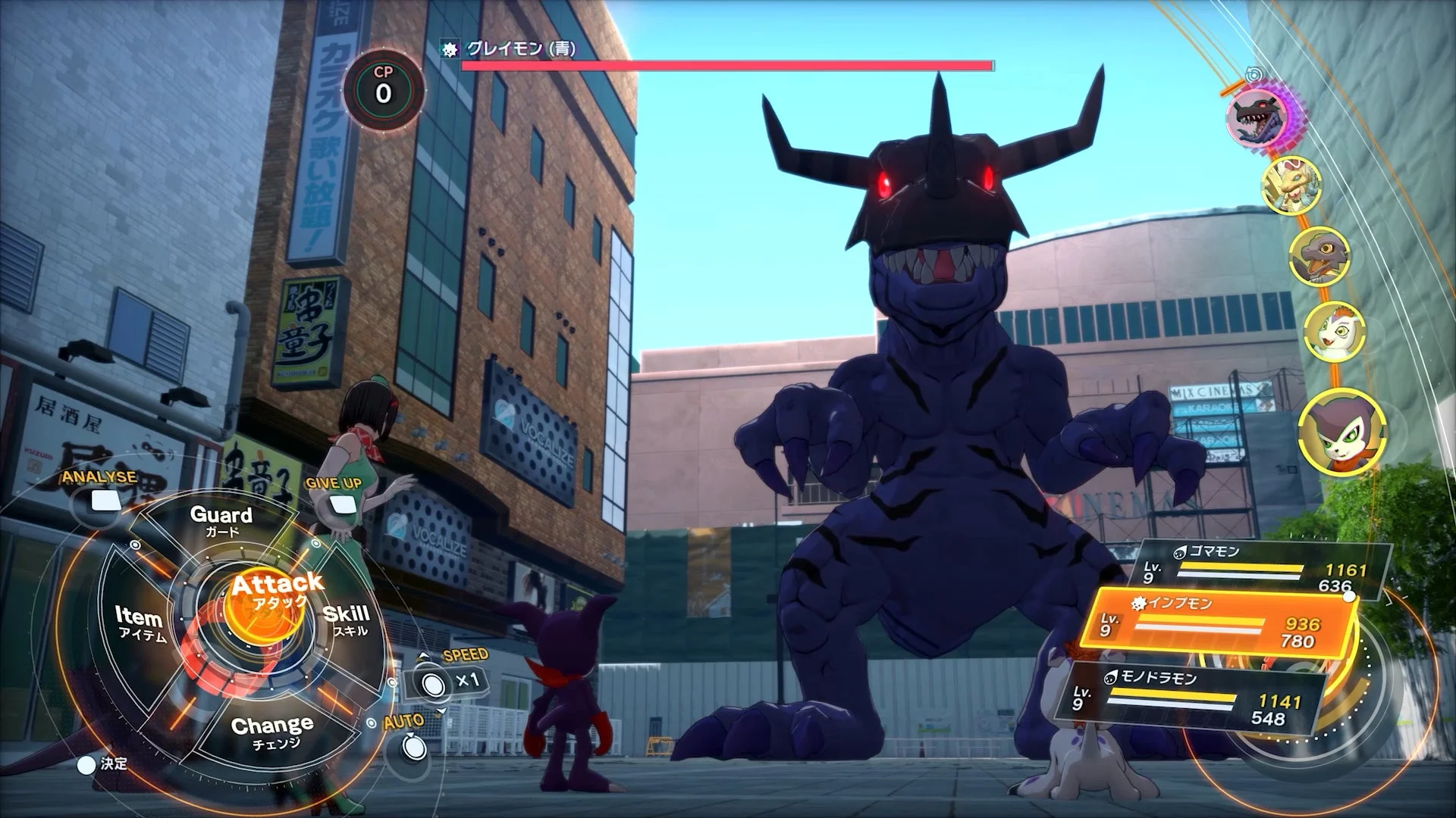 街中でグレイモンとバトルするデジモンストーリー タイムストレンジャーのゲーム画面