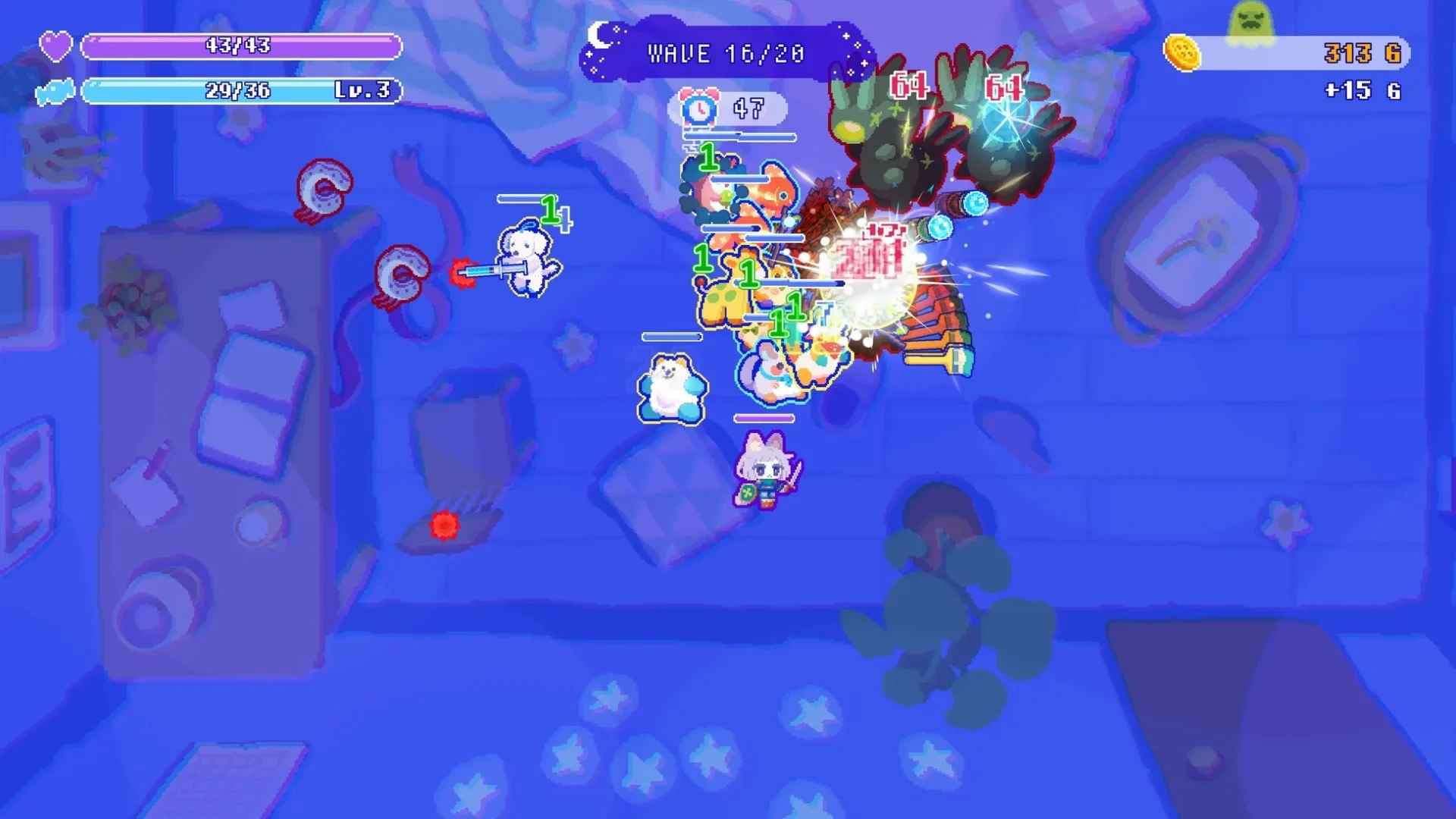ぬいぐるみたちが協力しておばけを退治するゲームプレイ画面