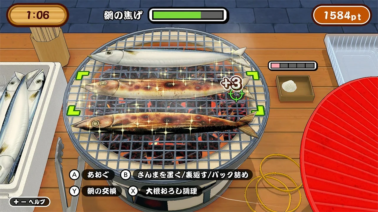 七輪でさんまを焼くゲームプレイ画面、操作UIが表示されている