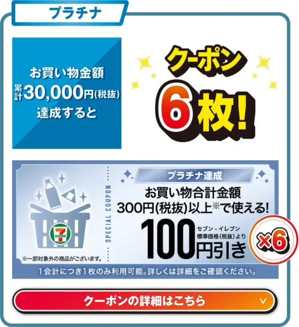 プラチナランク達成で100円引きクーポン6枚