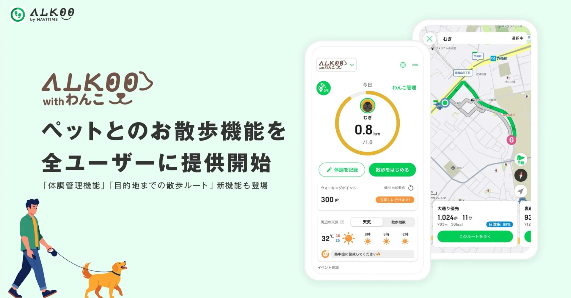 「ALKOO with わんこ」全ユーザー向け提供開始と新機能を示すメインビジュアル