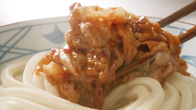 箸で持ち上げられた旨辛豚肉と玉ねぎが絡むうどん