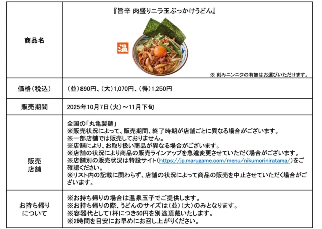 旨辛 肉盛りニラ玉ぶっかけうどんの商品情報（価格、販売期間、店舗など）