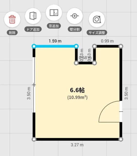 おくROOMアプリでL字型の間取りを作成し、柱の出っ張りを再現する画面